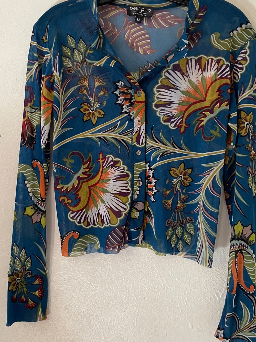 Petit Pois Teal Tropical Floral Sheer Nylon Mesh Blouse Shell Buttons M - Picture 12 of 12